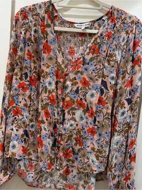 Veronica Beard Pink Floral V-Neck Blouse with Button Front